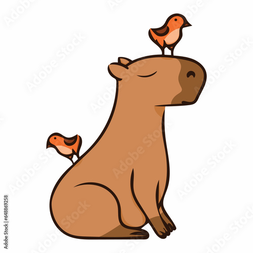 Funny capybara sits with birds on it. Color vector illustration. Design element for design of brochures banners menu posters. Image isolated on white background. Simple illustration