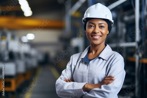 Close Up Portrait of a Happy and Smiling Middle Aged African Female Engineer in White Hard Hat Standing at Electronics Manufacturing Factory  Black Heavy Industry Specialist Posing for Camera