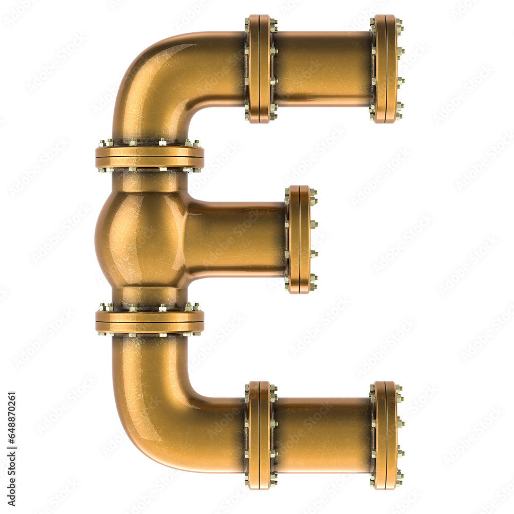 Fototapeta premium Letter E from copper, bronze or brass pipes, 3D rendering isolated on transparent background