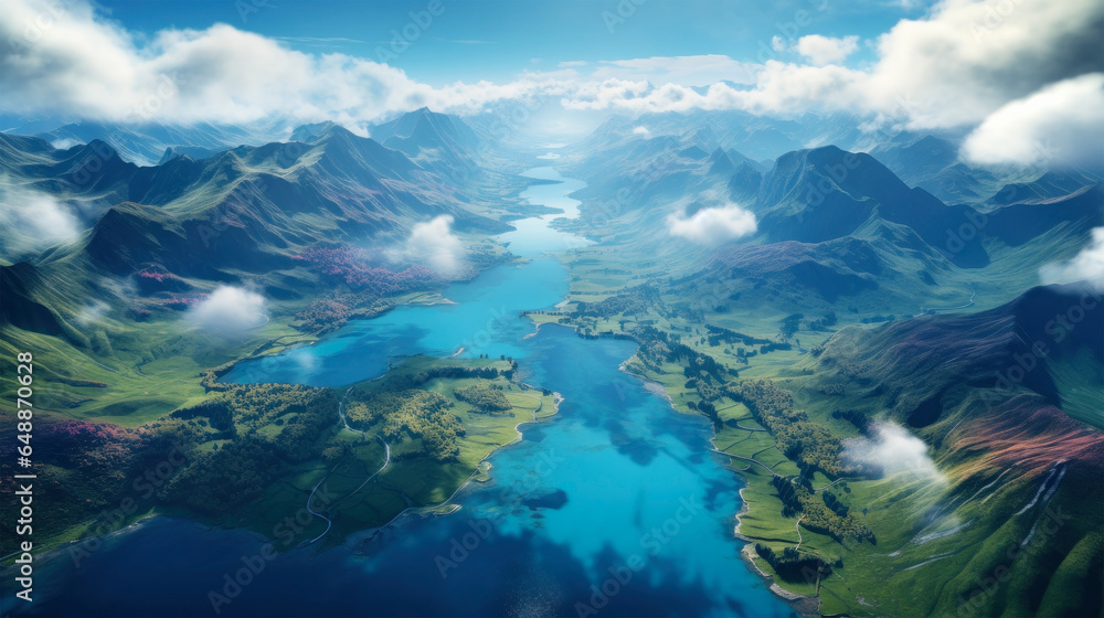 Aerial view landscape of a lake or river in mountains