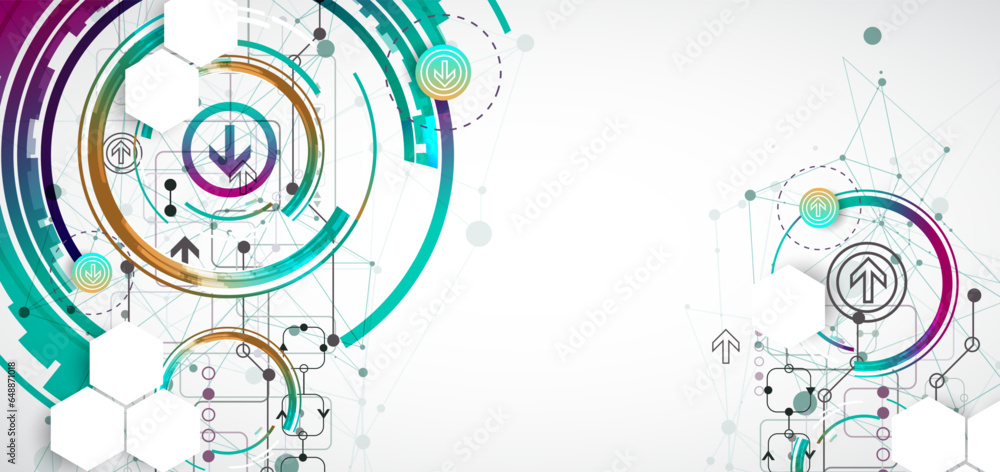 Abstract background with plexus effect. Scientific and technological concept with the use of technical elements formed in the shape of a circle.