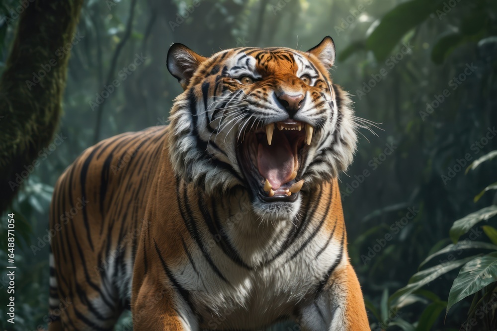 A Bengal tiger roar in the jungle. Dangerous Bengal Tiger in forest attack pose. A Bengal tiger roar in the jungle. Dangerous Bengal Tiger in forest attack pose.