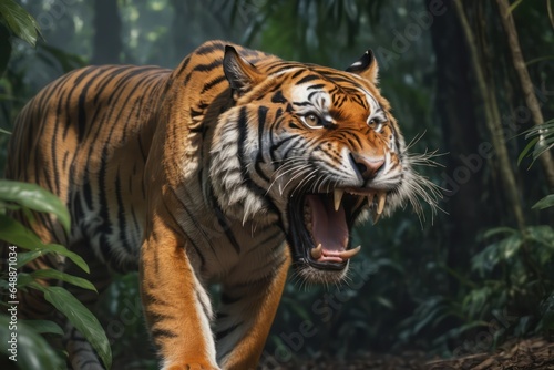 A Bengal tiger roar in the jungle. Dangerous Bengal Tiger in forest attack pose.