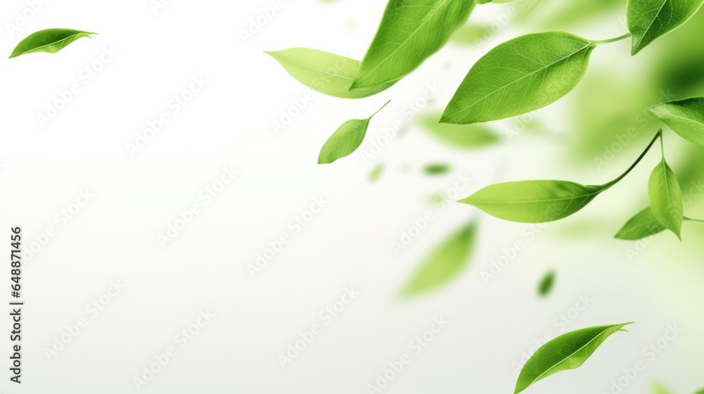 Obraz premium Green flying leaves isolated on white background with place foe text. Fresh tea, air purifier, organic, vegan, eco or beauty product concept design
