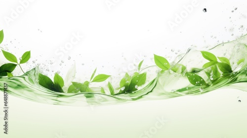 Green flying leaves isolated on white background with place foe text. Fresh tea, air purifier, organic, vegan, eco or beauty product concept design