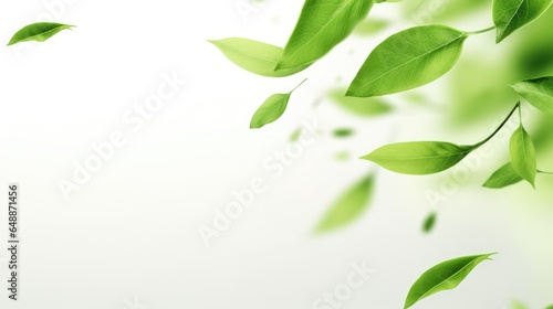 Green flying leaves isolated on white background with place foe text. Fresh tea, air purifier, organic, vegan, eco or beauty product concept design