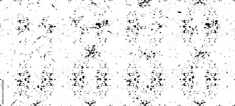 Monochrome texture composed of irregular graphic elements. Distressed uneven grunge background. Abstract vector illustration. Overlay for interesting effect and depth. Isolated on white background.