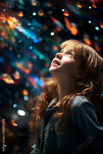 Close up of Girl standing on the night and looking to the sky in front of her, fool of colorful shaped constellations, magic night. AI Generative