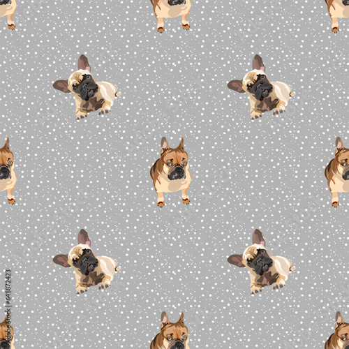 French Bulldog sitting and laying dog seamless pattern. Hand-drawn dog on a repeatable grey background with snow. Cute abstract texture with Frenchie illustration. Cartoon style. Popular character.
