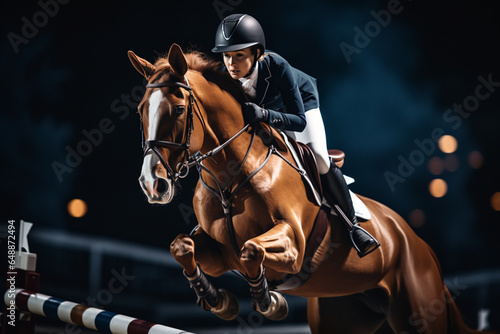 Chestnut horse and female rider jumping over rail in night