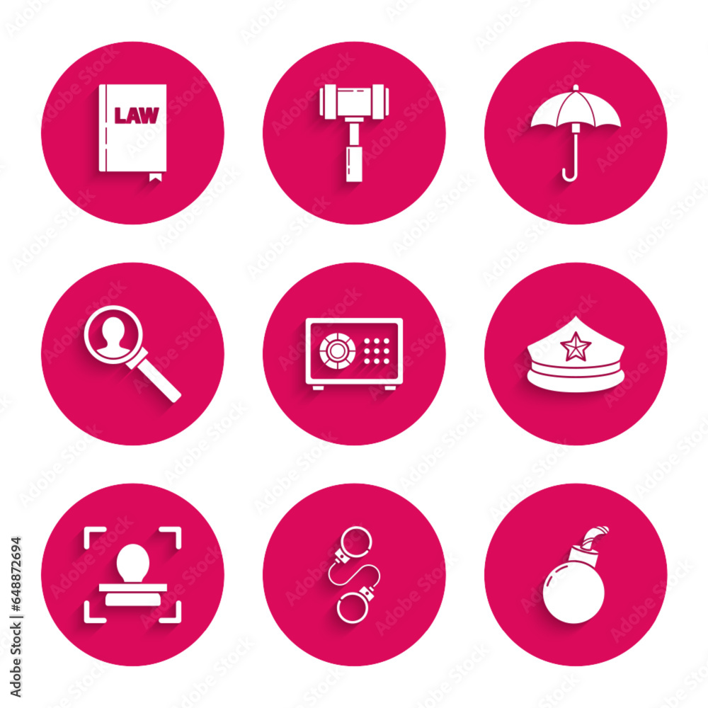 Set Safe, Handcuffs, Bomb ready to explode, Police cap with cockade, Face recognition, Magnifying glass for search, Umbrella and Law book icon. Vector Set Safe, Handcuffs, Bomb ready to explode, Police cap with cockade, Face recognition, Magnifying glass for search, Umbrella and Law book icon. Vector