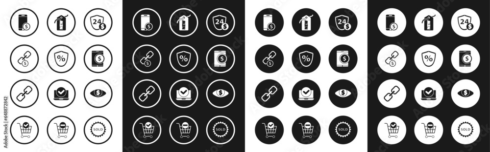 Set Shield with dollar, Loan percent, Chain link and coin, Smartphone, Tablet, Price tag New, Eye and icon. Vector Set Shield with dollar, Loan percent, Chain link and coin, Smartphone, Tablet, Price tag New, Eye and icon. Vector