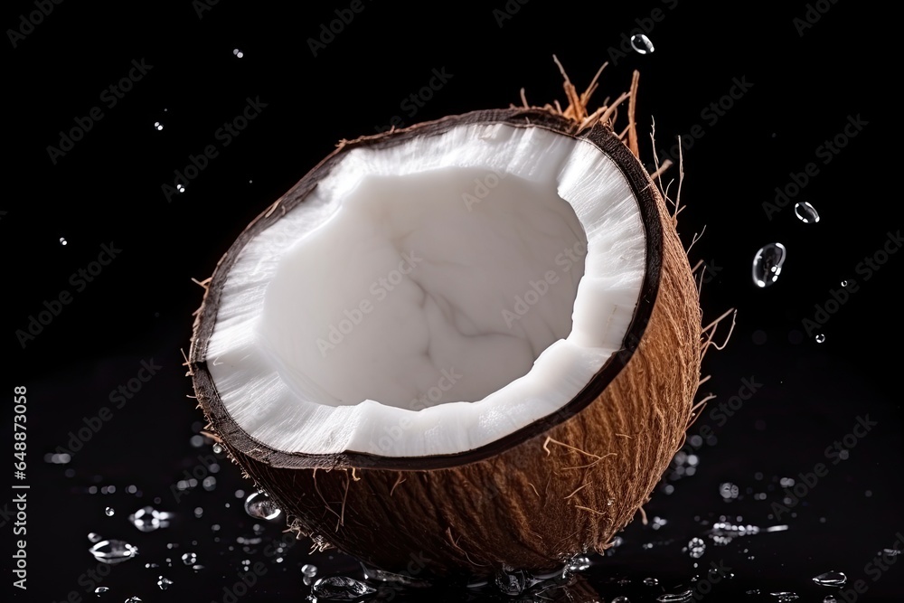 Fresh coconut with pieces and water splash with black reflection on black background Fresh coconut with pieces and water splash with black reflection on black background