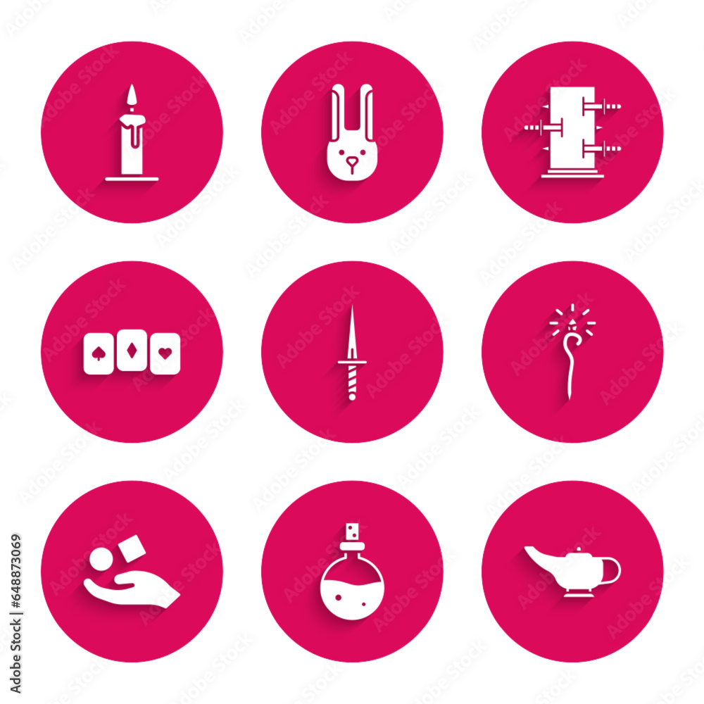 Set Dagger, Bottle with love potion, Magic lamp or Aladdin, staff, Cube levitating above hand, Playing cards, Trunk for magic tricks and Burning candle candlestick icon. Vector Set Dagger, Bottle with love potion, Magic lamp or Aladdin, staff, Cube levitating above hand, Playing cards, Trunk for magic tricks and Burning candle candlestick icon. Vector