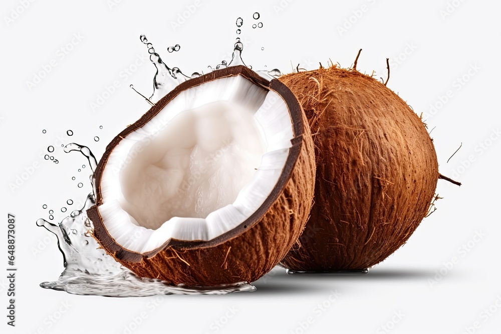 Fresh coconut with pieces and water splash with black reflection on black background Fresh coconut with pieces and water splash with black reflection on black background