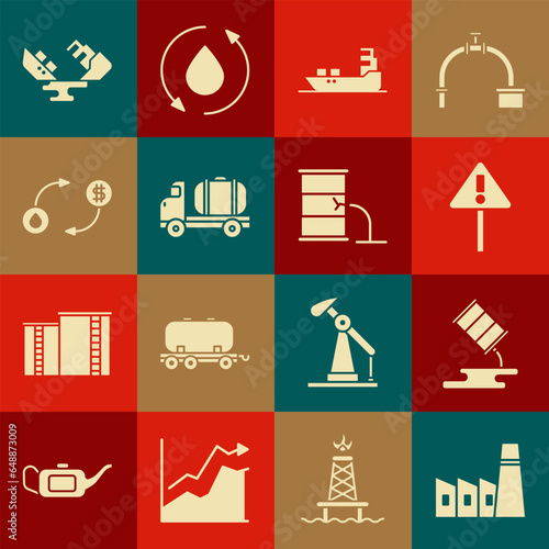 Set Oil industrial factory building, Barrel oil leak, Exclamation mark triangle, tanker ship, Tanker truck, exchange, Wrecked and icon. Vector