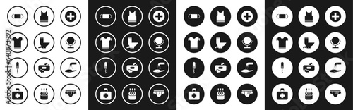Set Cross hospital medical, Toilet bowl, T-shirt, Medical protective mask, Round makeup mirror, Sleeveless, Washing hands with soap and Sanitary tampon icon. Vector