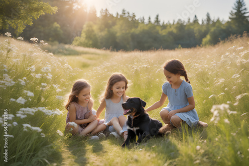 children are playing with the dogs