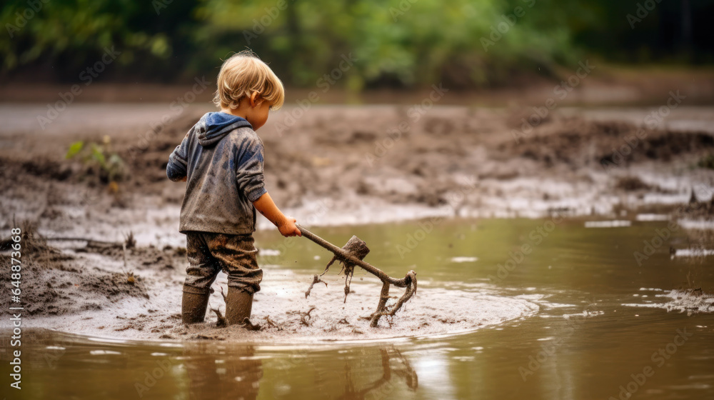 Cute little boy playing in muddy mud puddle. Selective focus. Cute little boy playing in muddy mud puddle. Selective focus.