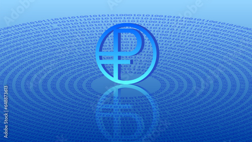 Financial vector digital symbol of Russian Federation currency, ruble. 3d economic sign with a mirror reflection on a blue background. Virtual space.