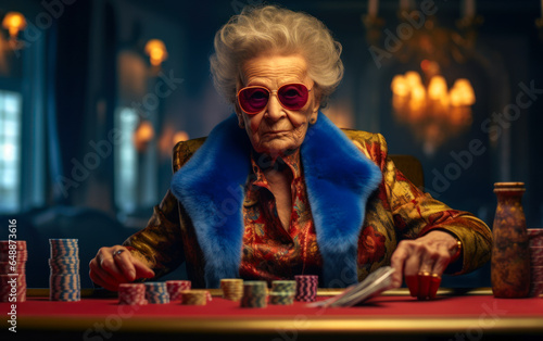 Portrait of a senior woman playing poker at the casino. Poker concept.
