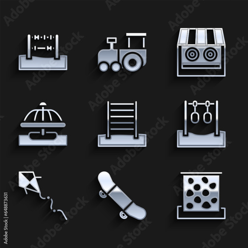 Set Swedish wall, Skateboard trick, Climbing, Gymnastic rings, Kite, Attraction carousel, Shooting gallery and Abacus icon. Vector