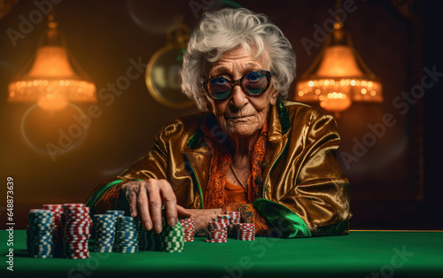 Portrait of an old woman playing texas hold'em poker photo