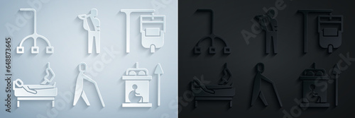 Set Blind human holding stick, IV bag, Patient with broken leg, Elevator for disabled, Human arm and Walking cane icon. Vector