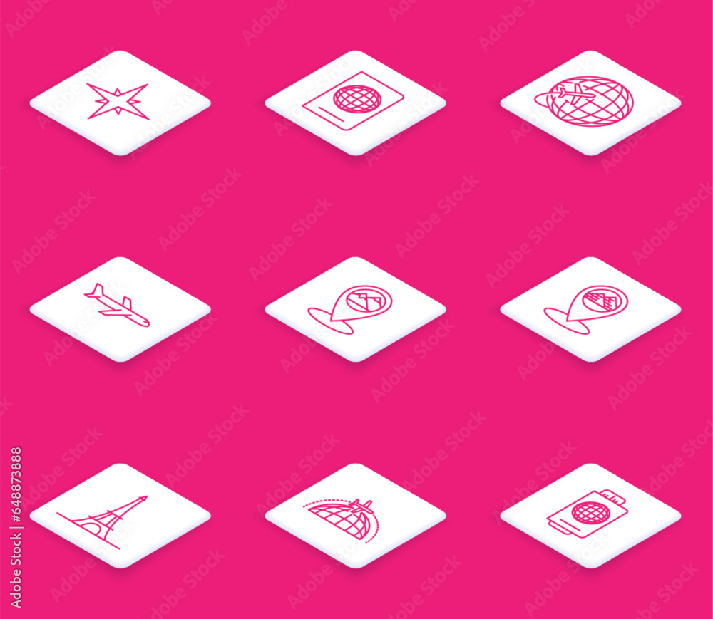 Set line Wind rose, Passport with biometric data, Globe flying plane, Plane, Map pointer mountain, Egypt pyramids, Eiffel tower and icon. Vector Set line Wind rose, Passport with biometric data, Globe flying plane, Plane, Map pointer mountain, Egypt pyramids, Eiffel tower and icon. Vector