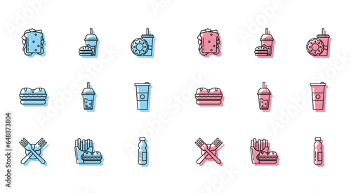 Set line Crossed fork, Burger and french fries in carton package box, Sandwich, Bottle of water, Glass lemonade with drinking straw, Paper glass, and burger icon. Vector