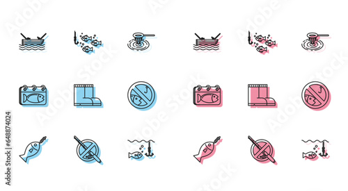 Set line Fish on hook, No fishing, Fishing boat with rod water, under, boots, Calendar and icon. Vector