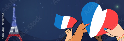 Supporters de l'équipe de France la nuit, Tour Eiffel, Paris, France