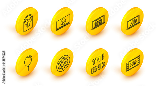 Set line 4k movie, The End handwritten inscription, Film reel, Balloon with ribbon, Laptop screen HD video technology, Buy cinema ticket online, Online play and Funny scary ghost mask icon. Vector