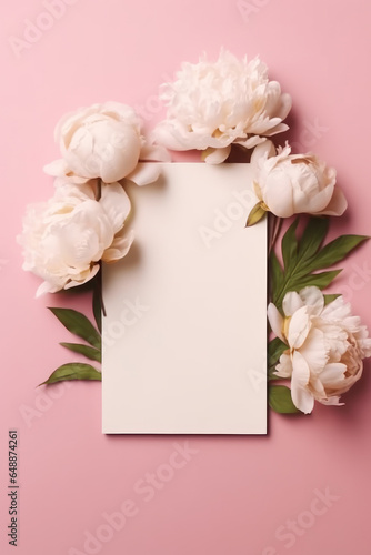 White peony flowers with blank card on pink background. Flat lay, top view © Anna