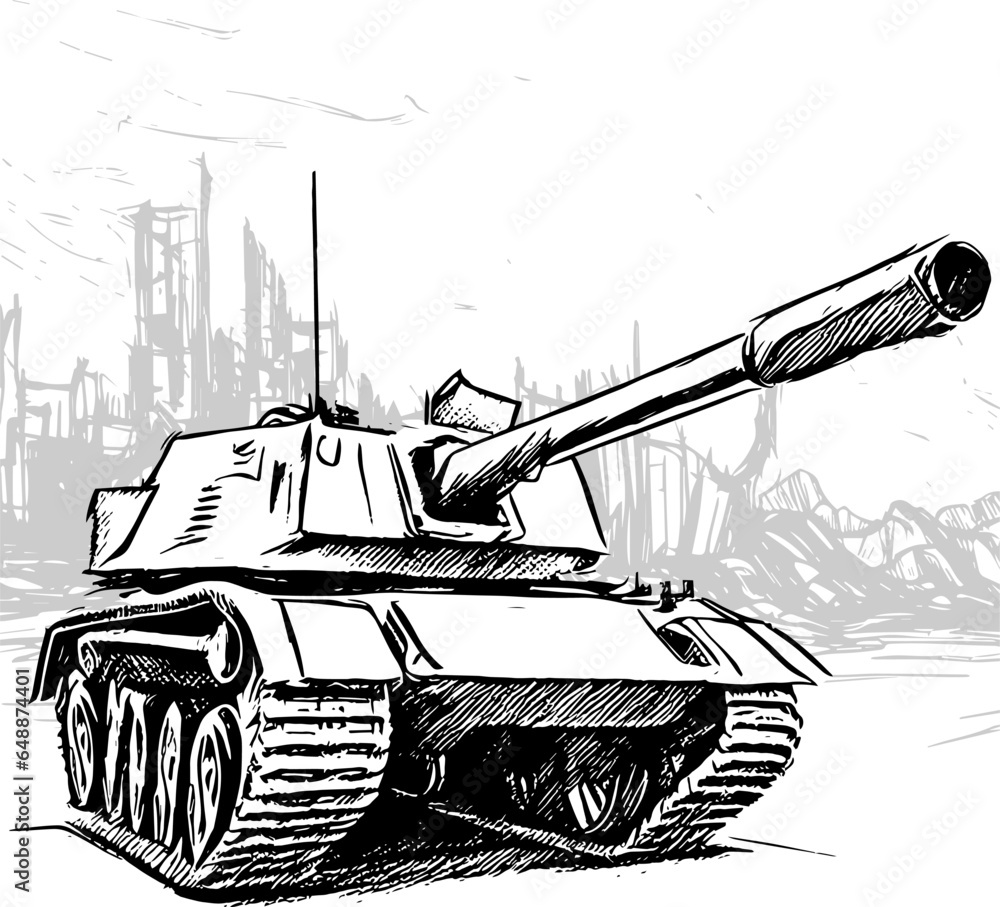 Disassembled Tank Vector Monochrome flat vector engraving featuring a tank image juxtaposed with ...
