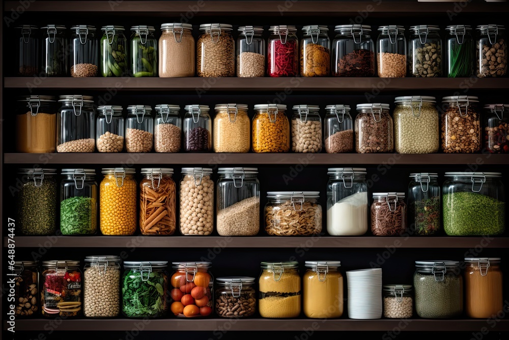 Scene A pantry with shelves stocked with healthy grains, beans, and canned goods. Medium Still image. Style Organized. Mood