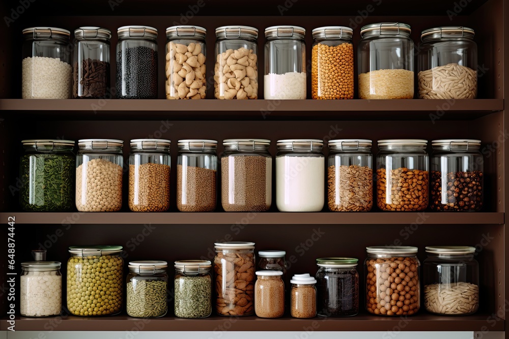 Scene A pantry with shelves stocked with healthy grains, beans, and canned goods. Medium Still image. Style Organized. Mood Scene A pantry with shelves stocked with healthy grains, beans, and canned goods. Medium Still image. Style Organized. Mood