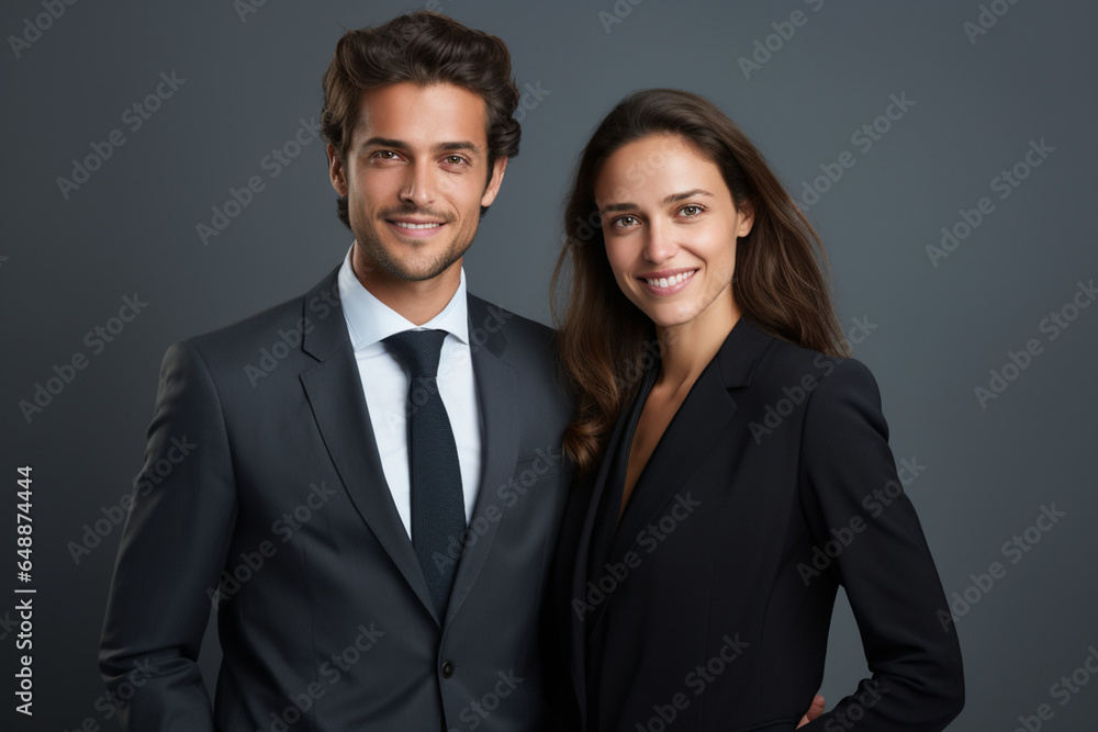 Business partners posing in front of gray background, looking at camera and smiling Business partners posing in front of gray background, looking at camera and smiling