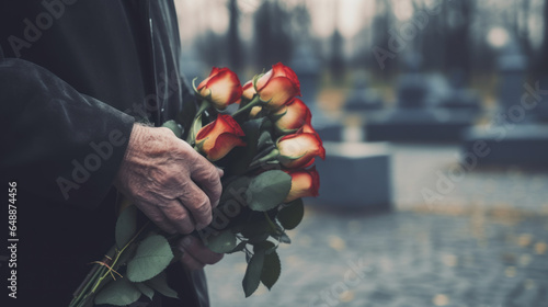 Old man holding a bouquet of red roses in the cemetery. photo