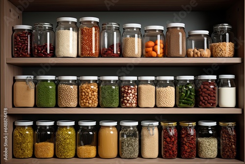 Scene A pantry with shelves stocked with healthy grains, beans, and canned goods. Medium Still image. Style Organized. Mood
