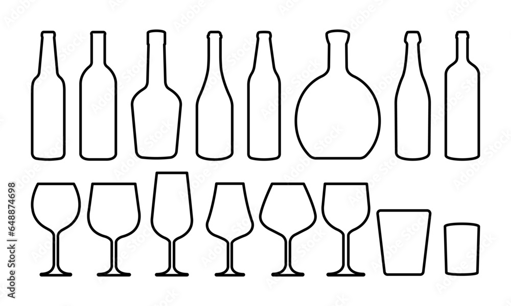 Set of linear alcohol bottles and glasses vector icons. Line black silhouette with wine, cognac, champagne, beer bottle and glass. Alcohol collection. Set of linear alcohol bottles and glasses vector icons. Line black silhouette with wine, cognac, champagne, beer bottle and glass. Alcohol collection.