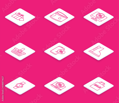 Set line Gift box, Stacks paper money cash, Percent discount and monitor, Shopping basket, phone, Waterproof rubber boot, Wrist watch and laptop icon. Vector