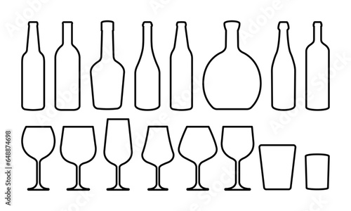 Set of linear alcohol bottles and glasses vector icons. Line black silhouette with wine, cognac, champagne, beer bottle and glass. Alcohol collection.