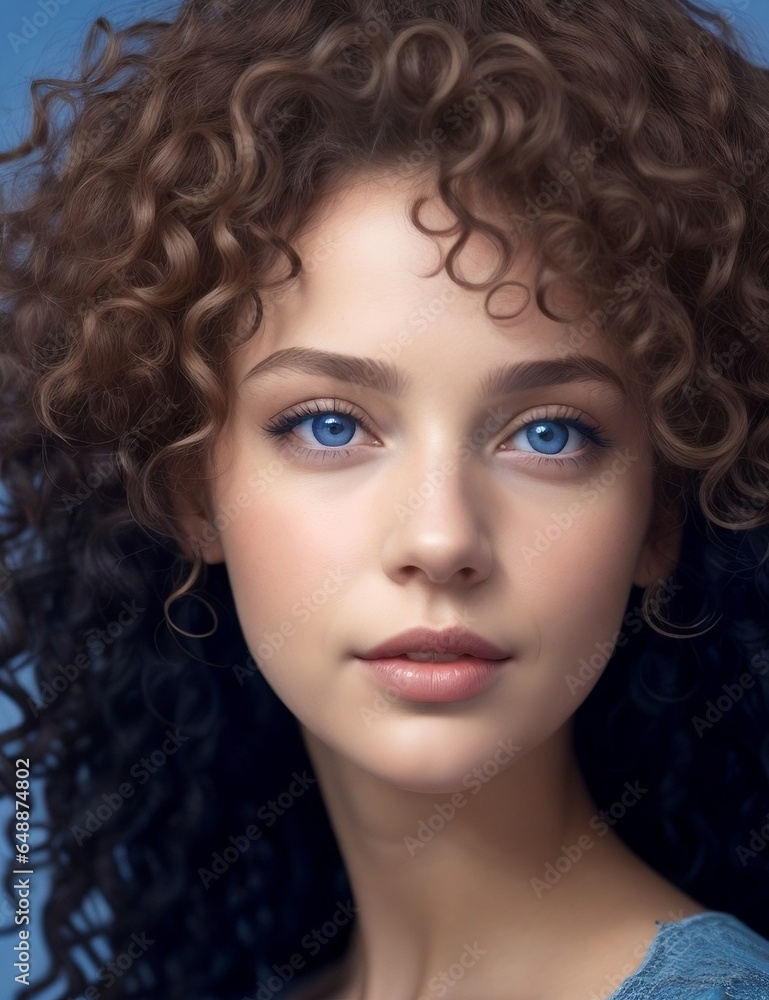 Enchanting Portrait: AI-Generated Woman with Curly Hair and Blue Eyes Enchanting Portrait: AI-Generated Woman with Curly Hair and Blue Eyes