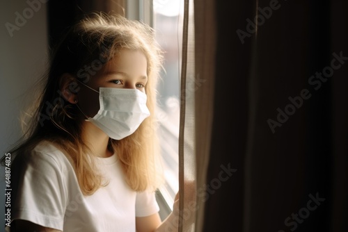 Girl in face mask near the window during quarantine