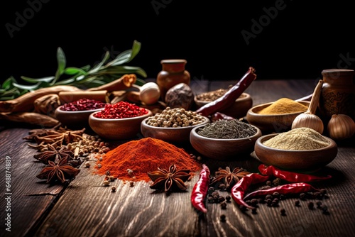 Spices on a wooden table, set up empty space for product