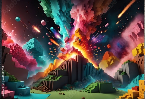 Exploding Minecraft colorful cubes paint and splashes. Explosive colorful blocks. Mind-blowing Minecraft textures and cubes. Exploding cubes. Minecraft world.  © Janis