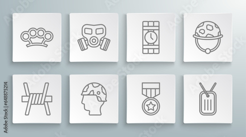 Set line Barbed wire, Gas mask, Army soldier, Military reward medal, dog tag, Dynamite and timer clock, helmet and Brass knuckles icon. Vector