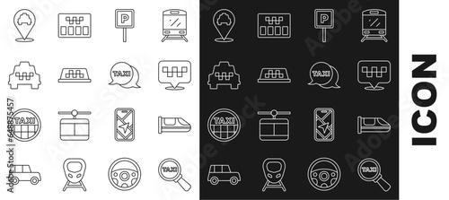 Set line Magnifying glass and taxi car, High-speed train, Location with, Parking, Taxi roof, and call telephone service icon. Vector
