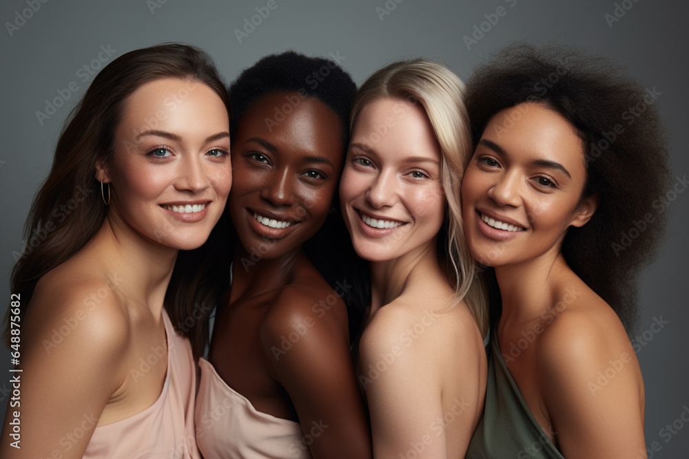Beauty portrait of a diverse group of beautiful women smiling together against a grey studio background Beauty portrait of a diverse group of beautiful women smiling together against a grey studio background